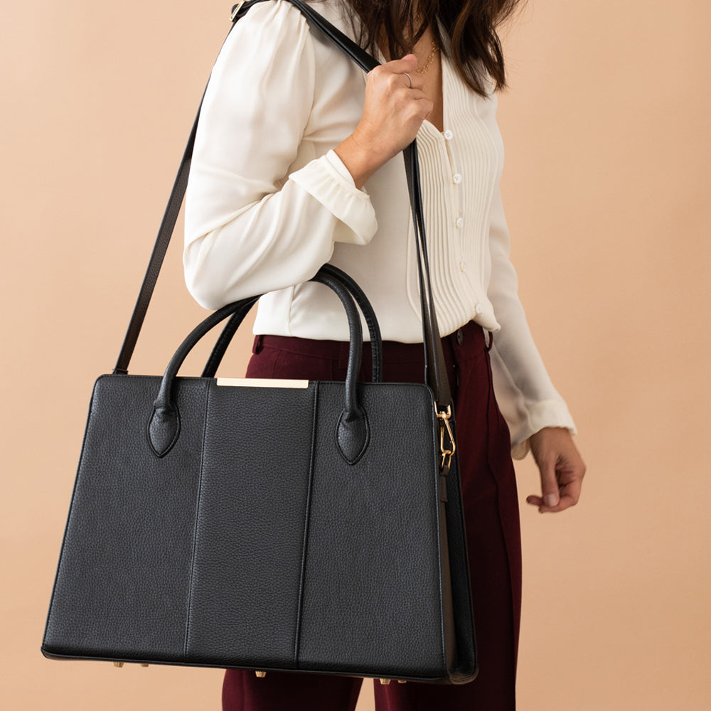 Black work tote bag with shoulder strap