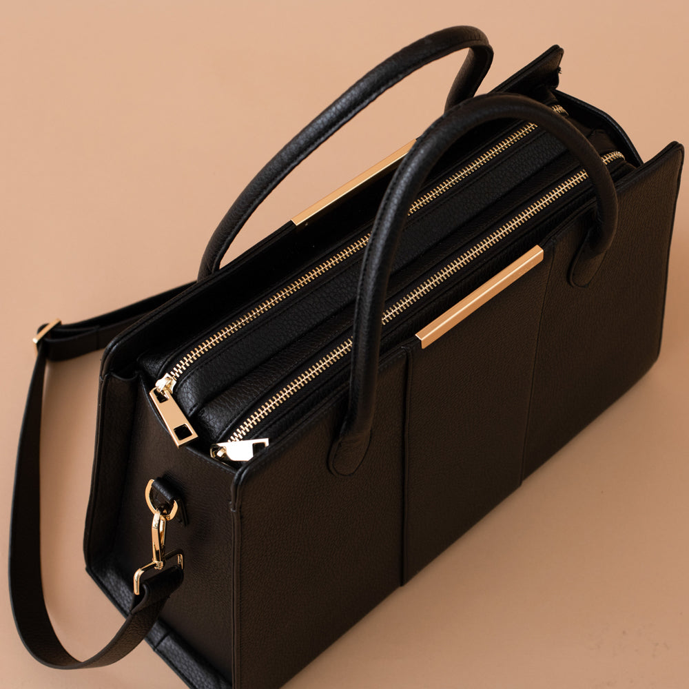 black leather handbag